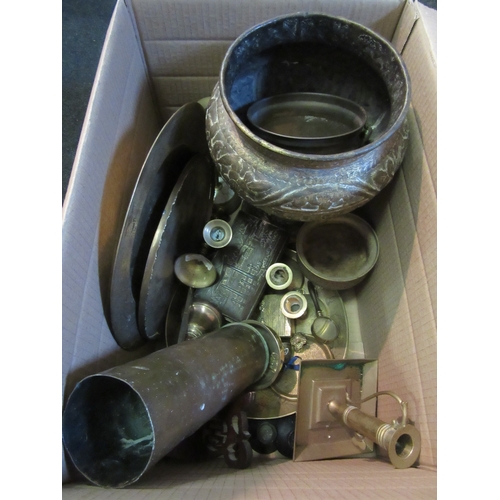 1301 - A quantity of brass wares including Indian tray, candlesticks, magnifying glass, etc