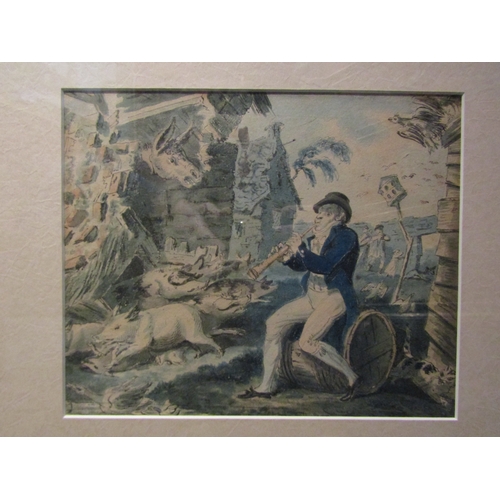 1070 - Attributed to Cruikshank: A pen, ink and watercolour comical sketch of a man seated on a barrel play... 