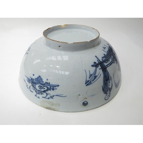 6265 - An 18th Century porcelain blue & white bowl, the exterior decorated with narrative figures, some dam... 