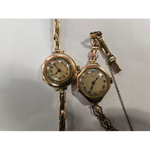 1369 - Two 9ct gold cased ladies wristwatches, both on rolled gold straps. One a Rolex with Roman numeral d... 