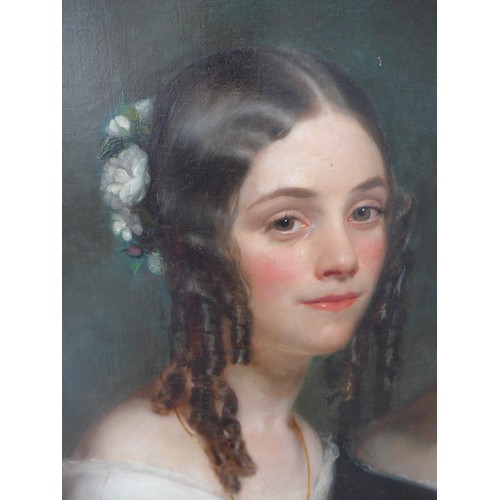 6024 - An English school 19th Century oil on canvas, full length portrait of Mrs Emily Marianna Hickman and... 