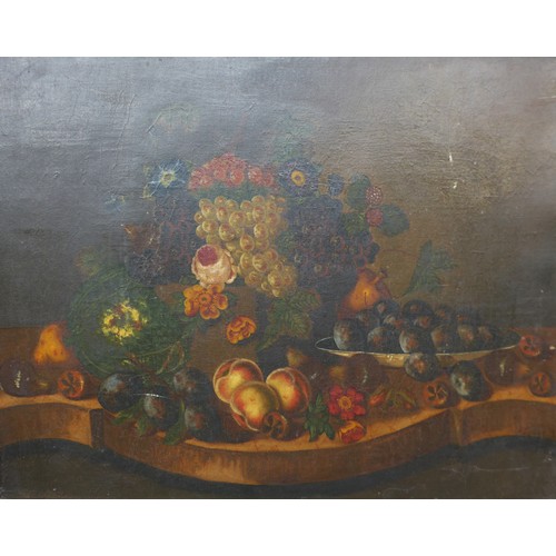 6042 - A 19th Century Continental school oil on canvas still life of fruits and flowers. Indistinctly signe... 