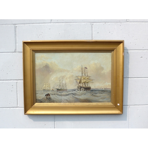 6065 - A 19th Century oil on canvas, View of Portsmouth Harbour from the sea with sailing vessels. Signed '... 