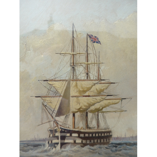 6065 - A 19th Century oil on canvas, View of Portsmouth Harbour from the sea with sailing vessels. Signed '... 