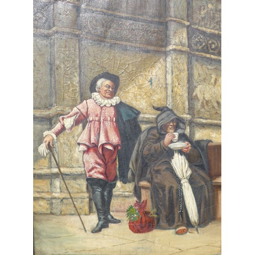 6067 - A 19th Century oil on canvas depicting a Monk and a gentleman in 17th century attire. Unsigned. 45cm... 