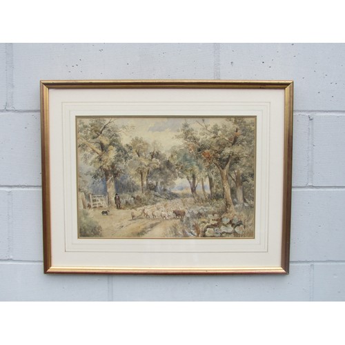 4183 - A watercolour, shepherd and flock on a lane, bearing a signature bottom right 'David Cox' and dated ... 