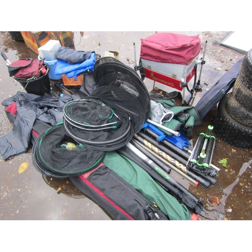 3470 - A quantity of mixed fishing equipment including rods, poles, reels, nets, etc