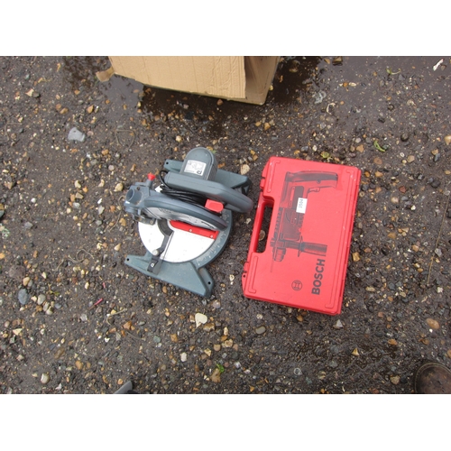 3504 - A mitre saw and a cased Bosch drill.   DTI Failure: Please see information pages