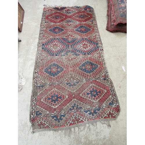 6461 - A Turkoman tribal handwoven rug with hook lozenge motif, red, blue, whites, 218cm x 107cm