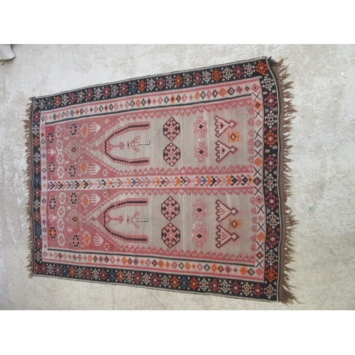 6463 - An early to mid 20th Century Kilim handwoven tribal rug with two matching panels to centre field, 16... 