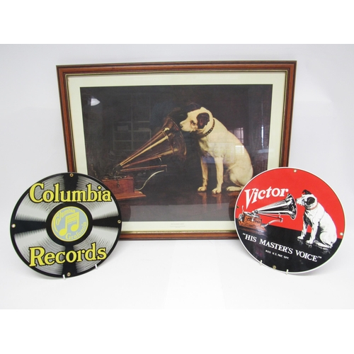 7297 - Two Ande Rooney reproduction circular enamel signs, 'His Masters Voice' and'Columbia Records', each ... 