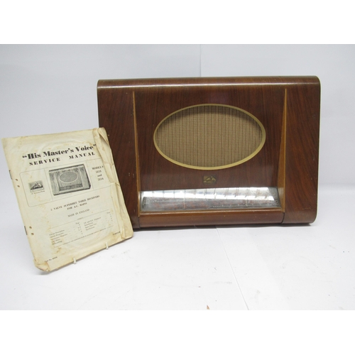 7347 - A vintage HMV model no. 5113 walnut cased valve radio with original instructions