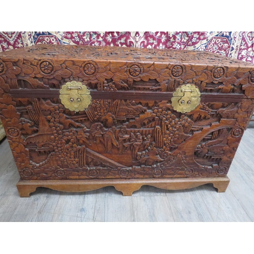 6023 - A Chinese carved camphor chest with allover decoration depicting figures crossing bridges trees and ... 