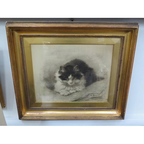 6026 - HENRIETTE RONNER (1821-1909): Seated black and white cat, chalk and charcoal on paper.  31cm x 39cm