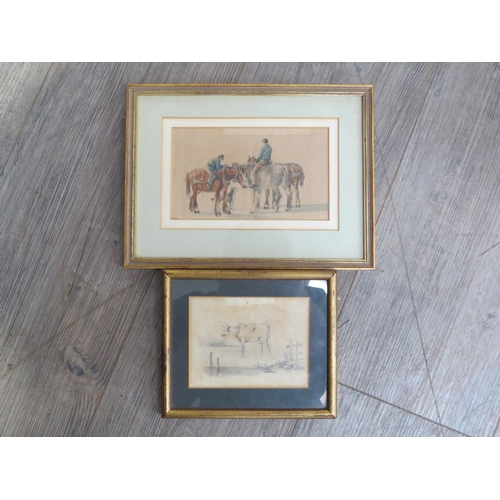 6076 - A watercolour of three shire horses and two horsemen, 9.5cm x 16cm  and a pencil sketch of a cow, 9c... 