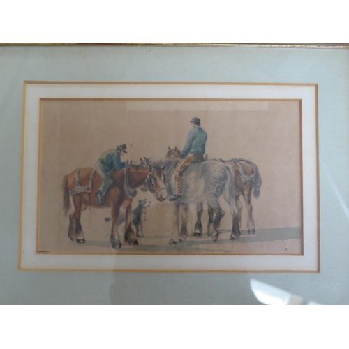 6076 - A watercolour of three shire horses and two horsemen, 9.5cm x 16cm  and a pencil sketch of a cow, 9c... 