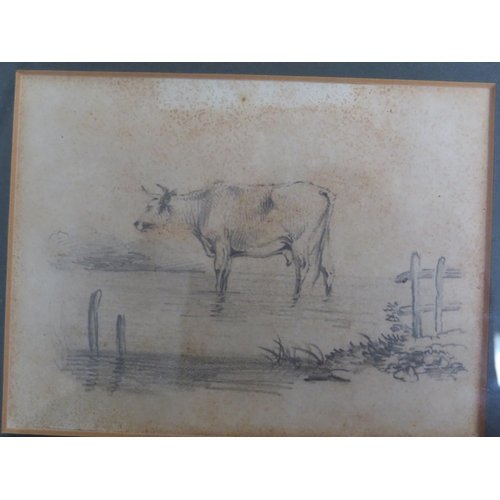 6076 - A watercolour of three shire horses and two horsemen, 9.5cm x 16cm  and a pencil sketch of a cow, 9c... 