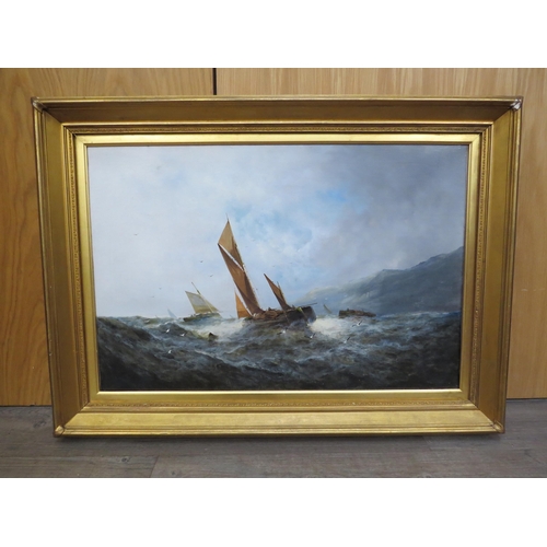 6083 - 20th century, Shipping vessels in choppy sea, oil on canvas, indistincly signed bottom left, 50cm x ... 