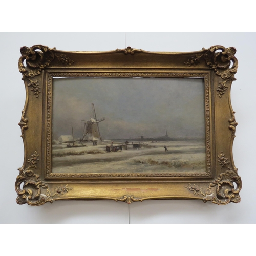 6085 - GEORGE LAURENS KIEZS (1838-1916) Dutch winter skating landscape with figures, boat, windmills, oil o... 