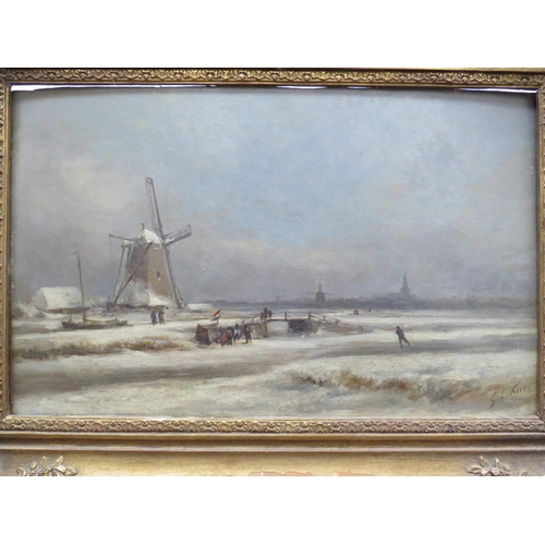 6085 - GEORGE LAURENS KIEZS (1838-1916) Dutch winter skating landscape with figures, boat, windmills, oil o... 