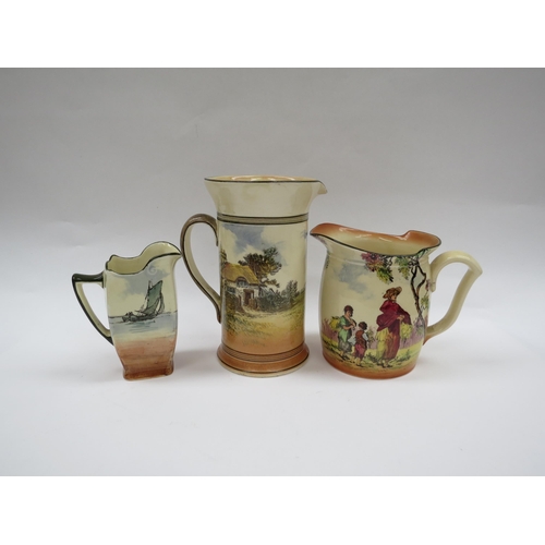 6111 - Three Doulton jugs with pictorial scenes including thatch cottage, the gleaners and bring in the cat... 