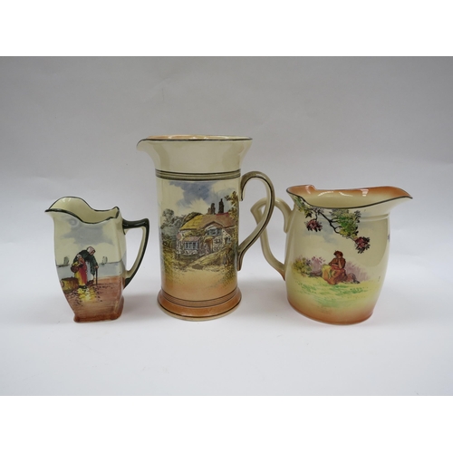 6111 - Three Doulton jugs with pictorial scenes including thatch cottage, the gleaners and bring in the cat... 