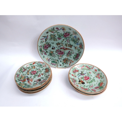 6264 - Eight 19th Century Chinese export celadon green glazed plates of varying size decorated with birds a... 