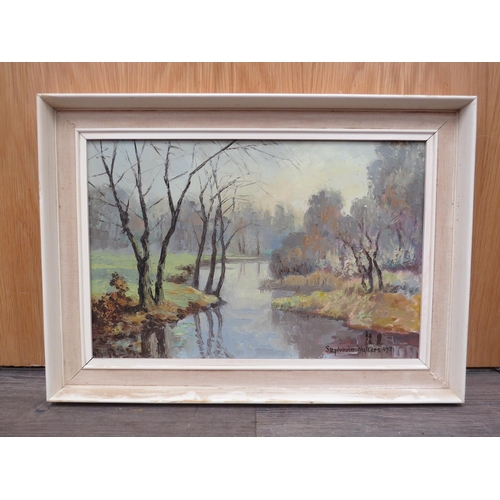 6285 - STEPHANIE WALTERS; Oil on board, river running through autumn woodland, dated '71, 29.5cm x 45cm