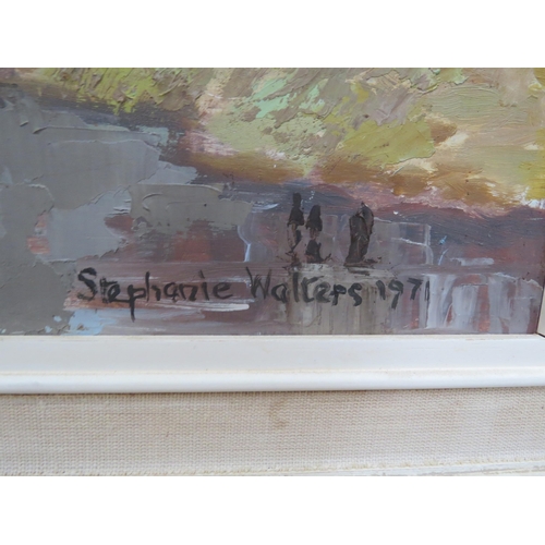 6285 - STEPHANIE WALTERS; Oil on board, river running through autumn woodland, dated '71, 29.5cm x 45cm