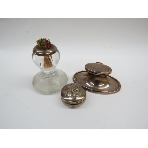 6333 - Silver capstan, match striker and pot (3)