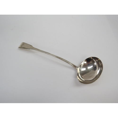 6343 - A William Eley I & William Fearn silver soup ladle, the terminal engraved with two hands holding a s... 