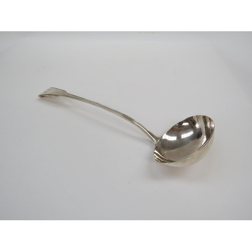 6343 - A William Eley I & William Fearn silver soup ladle, the terminal engraved with two hands holding a s... 