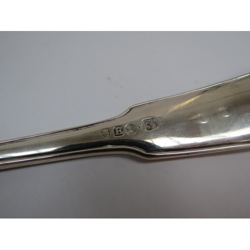 6343 - A William Eley I & William Fearn silver soup ladle, the terminal engraved with two hands holding a s... 