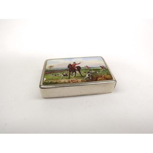 6399 - A silver match box by Howard James with an enamelled lid depicting Huntsmen on horses and pack of hu... 