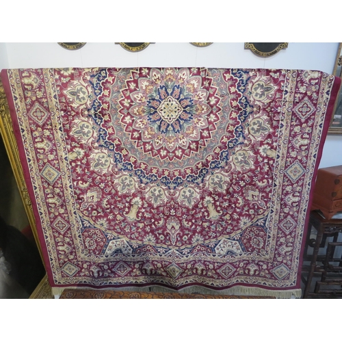 6021 - A modern silk rug in deep red, blue and beige, central medallion, 270cm x 195cm