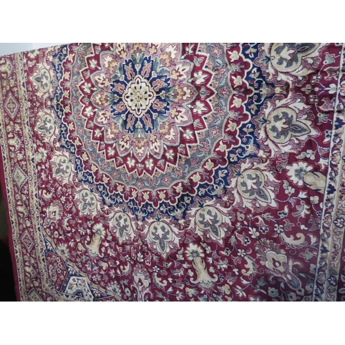 6021 - A modern silk rug in deep red, blue and beige, central medallion, 270cm x 195cm