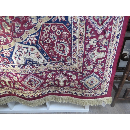 6021 - A modern silk rug in deep red, blue and beige, central medallion, 270cm x 195cm