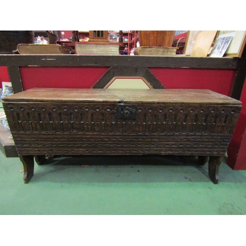 4017 - A late 17th / early 18th Century oak six-plank chest with carved front, 55cm tall x 121cm wide x 34c... 