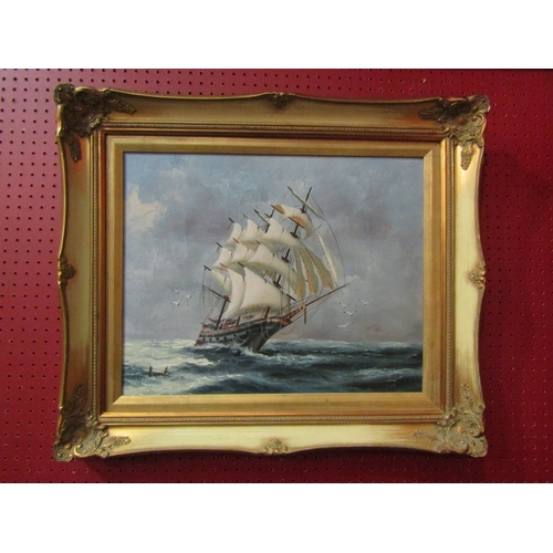 4032 - An oil on canvas of a sail ship at sea, signed Lemke lower left, framed, 39.5cm x 49.5cm image size