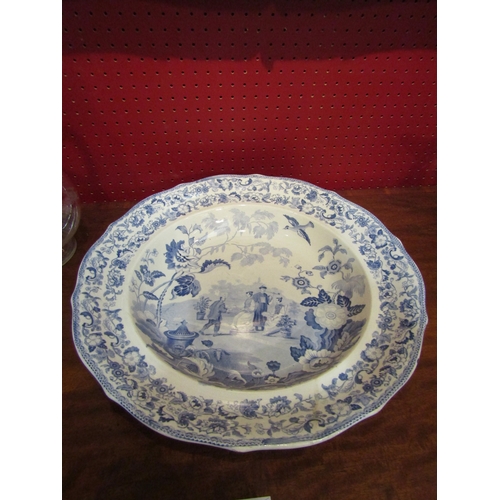 4038 - A Victorian Ironstone blue and white charger with Chinese figural and floral scene, 44cm diameter