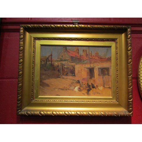 4123 - An oil on board of chickens in farmyard, unsigned, gilt framed, 24.5cm x 35cm image size