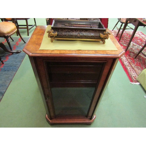 4164 - A Victorian burr walnut canted corner cabinet with line inlay decoration, the glazed door with key o... 