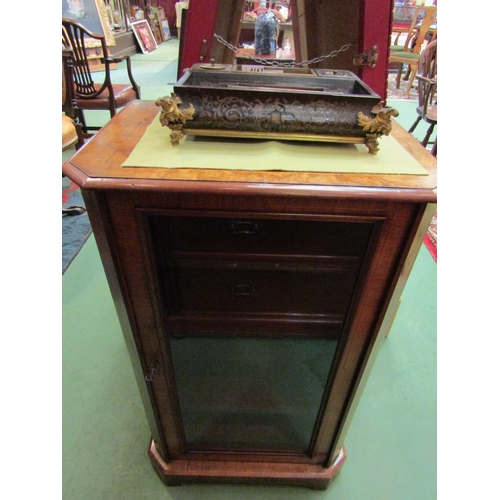 4164 - A Victorian burr walnut canted corner cabinet with line inlay decoration, the glazed door with key o... 