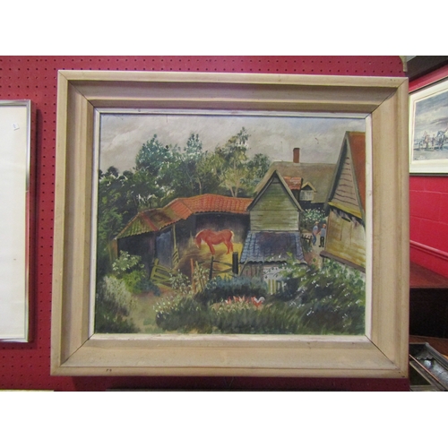 4165 - A naïve oil on canvas of farmyard scene, unsigned, framed, 44.5cm x 55cm image size