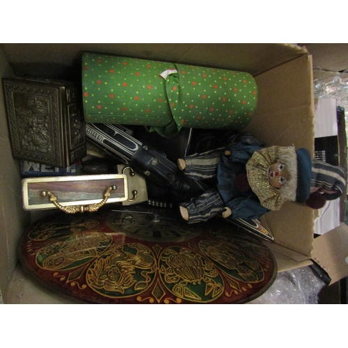 4172 - A box of porcelain clown dolls and a box of assorted items including clocks, metal wares and wooden ... 