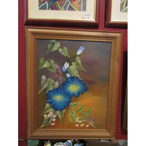 4174 - G.A.MADGWICK: Two framed oils on canvas, one depicting blue moonflower vines, signed bottom left, 50... 