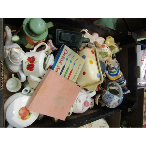 4176 - Two boxes of assorted ceramic kitchenware, dinner wares and figures etc. including novelty teapots