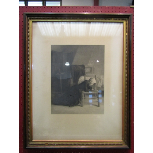 4180 - A 19th Century monochrome print of a lady in prayer (Manchester label verso), framed and glazed, 35c... 