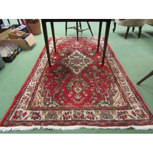 4192 - A Hamadan hand-spun woollen rug, hand-knotted, red ground with multiple borders and tasselled ends, ... 