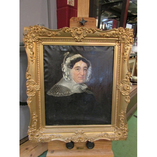 4196 - A Victorian oil on canvas portrait of a lady wearing lace bonnet, no artist name visible, gilt gesso... 